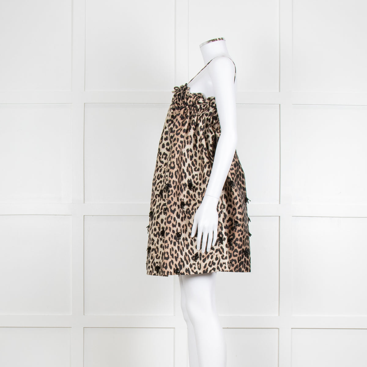 Ganni Leopard Print Embellished Babydoll Dress