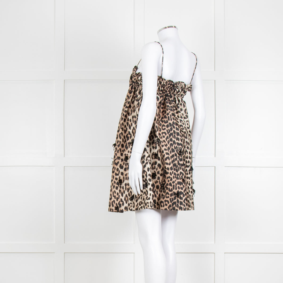 Ganni Leopard Print Embellished Babydoll Dress