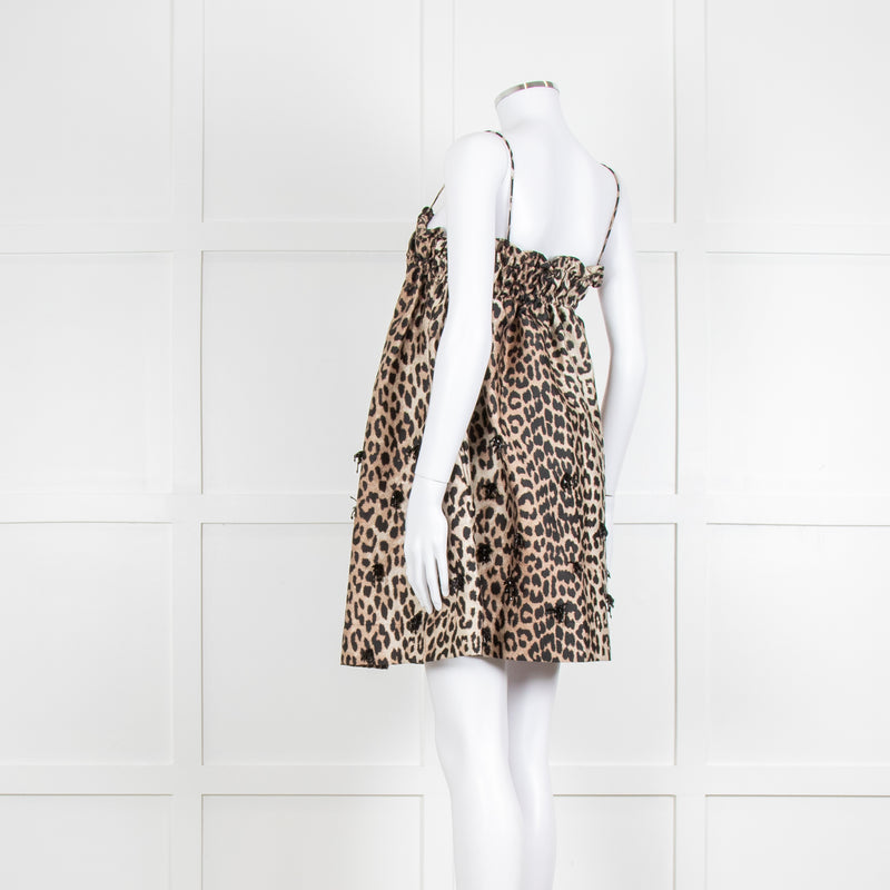 Ganni Leopard Print Embellished Babydoll Dress