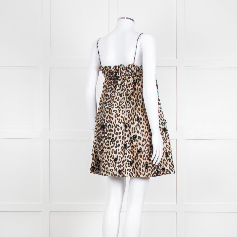 Ganni Leopard Print Embellished Babydoll Dress