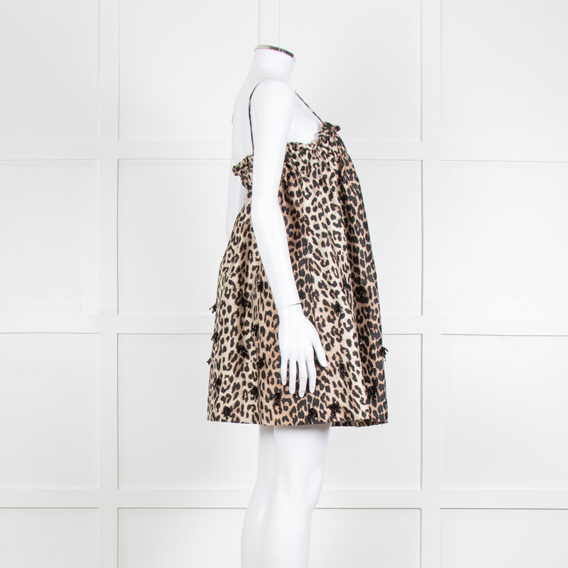 Ganni Leopard Print Embellished Babydoll Dress
