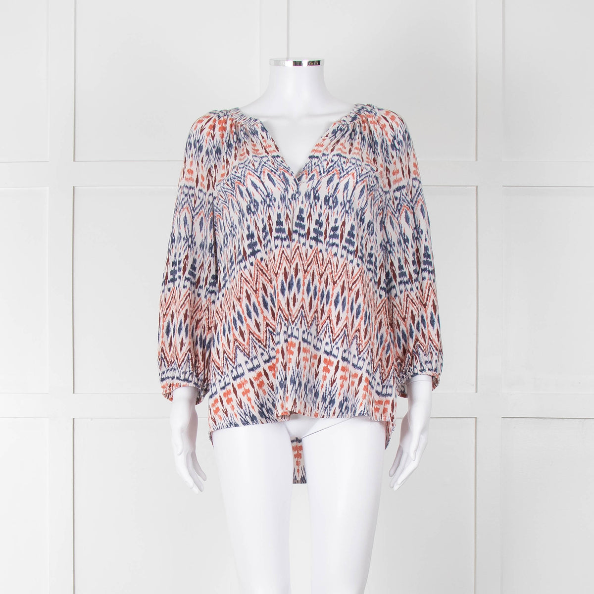 Joie White Blue Silk Aztek Print Long Sleeve Top