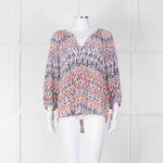 Joie White Blue Silk Aztek Print Long Sleeve Top