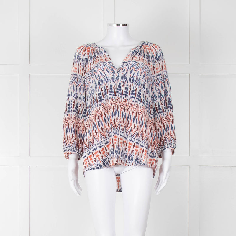 Joie White Blue Silk Aztek Print Long Sleeve Top