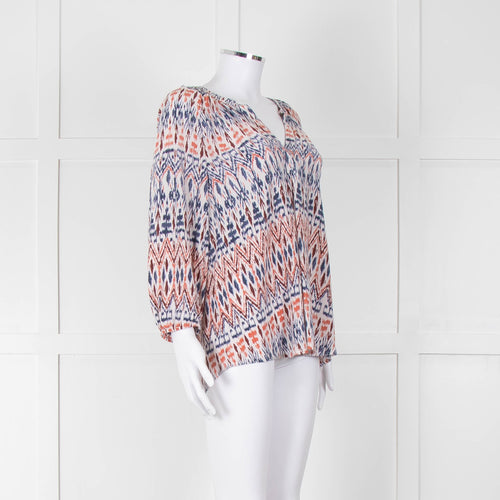 Joie White Blue Silk Aztek Print Long Sleeve Top
