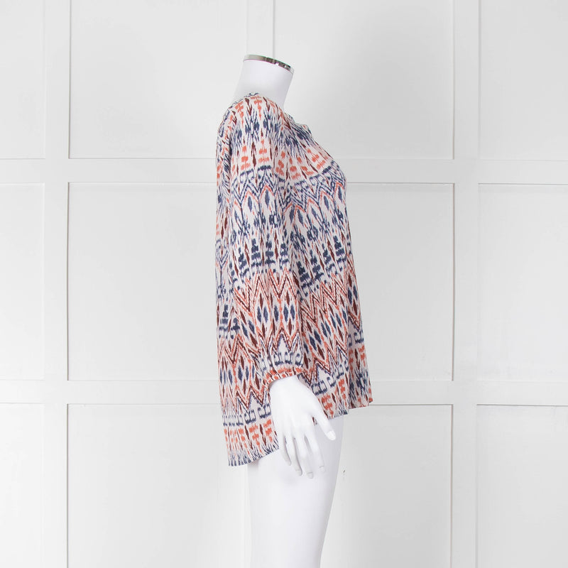 Joie White Blue Silk Aztek Print Long Sleeve Top