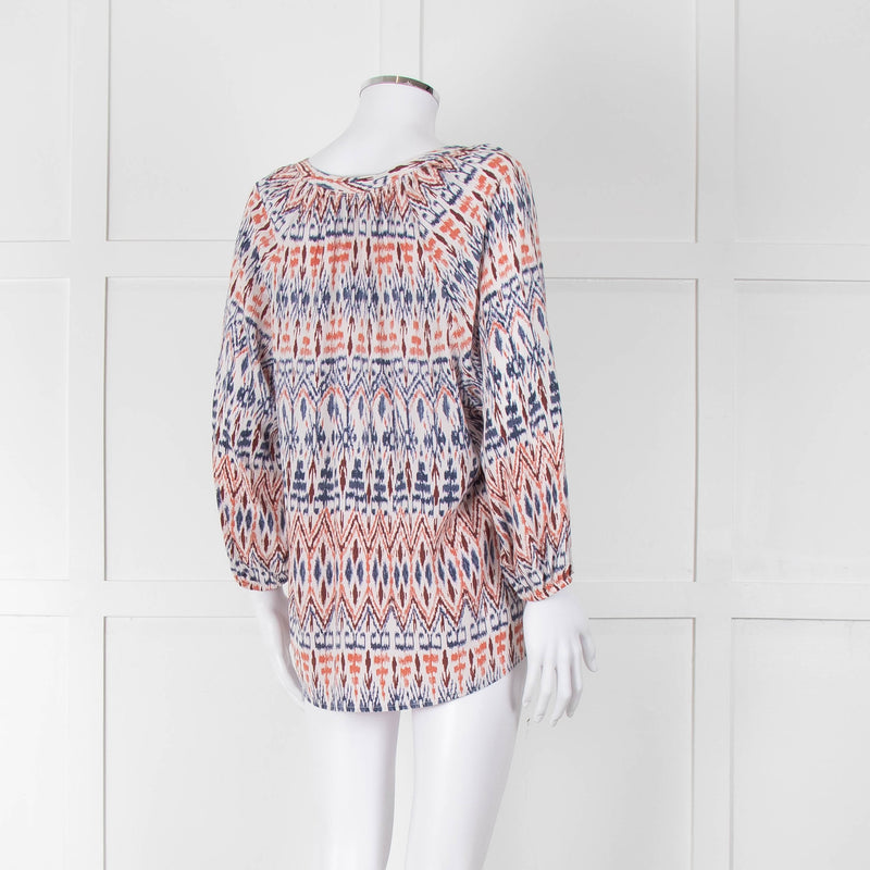 Joie White Blue Silk Aztek Print Long Sleeve Top