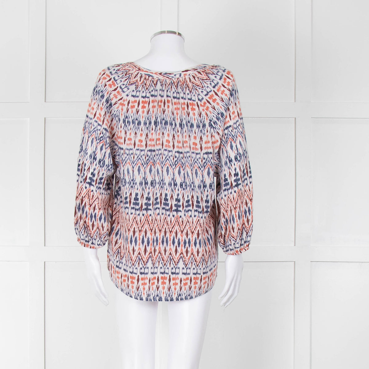 Joie White Blue Silk Aztek Print Long Sleeve Top