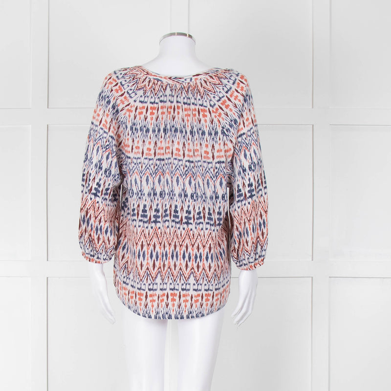Joie White Blue Silk Aztek Print Long Sleeve Top