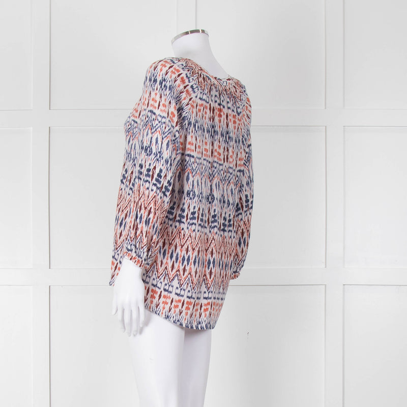 Joie White Blue Silk Aztek Print Long Sleeve Top