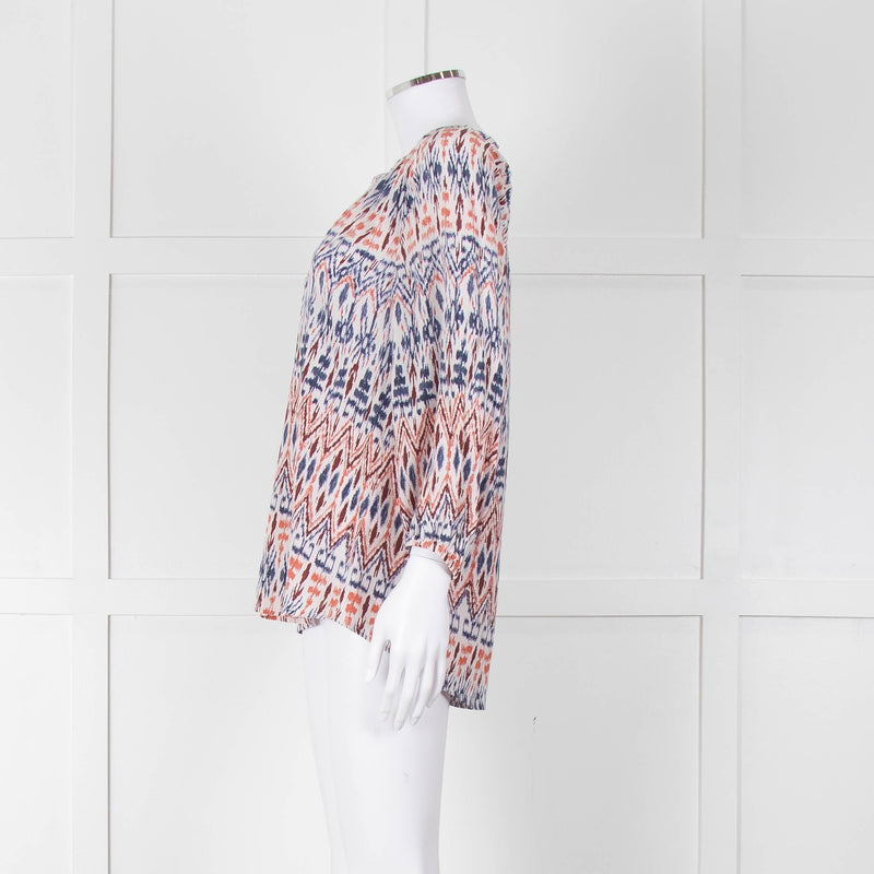 Joie White Blue Silk Aztek Print Long Sleeve Top