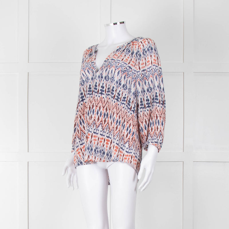 Joie White Blue Silk Aztek Print Long Sleeve Top