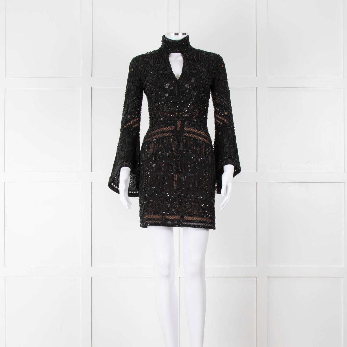 Elie Saab Black Beaded Mini Dress with Fluted Cuffs