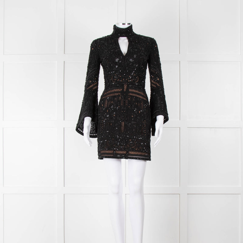 Elie Saab Black Beaded Mini Dress with Fluted Cuffs