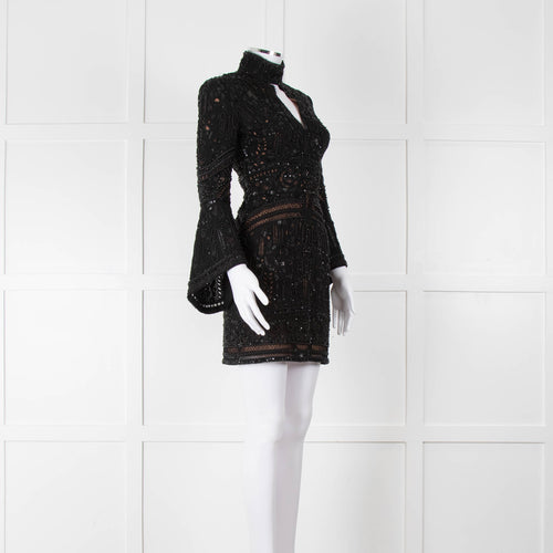 Elie Saab Black Beaded Mini Dress with Fluted Cuffs