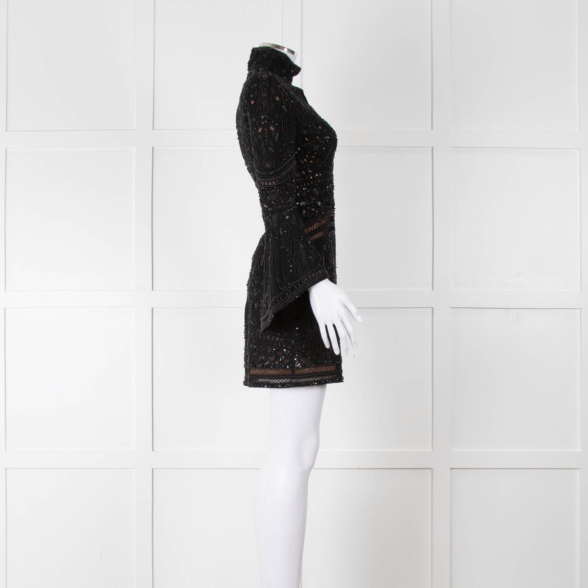 Elie Saab Black Beaded Mini Dress with Fluted Cuffs