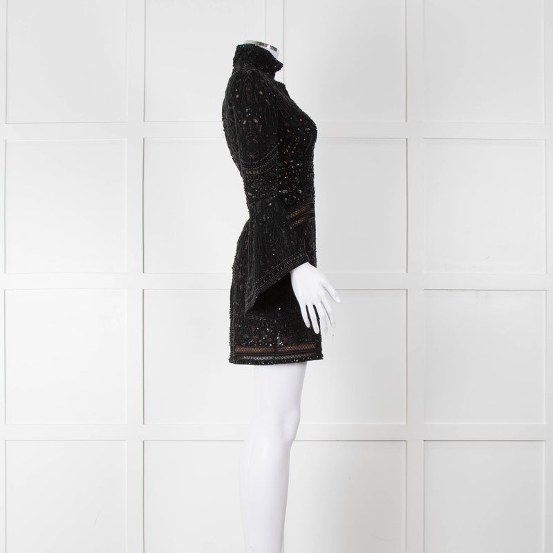 Elie Saab Black Beaded Mini Dress with Fluted Cuffs