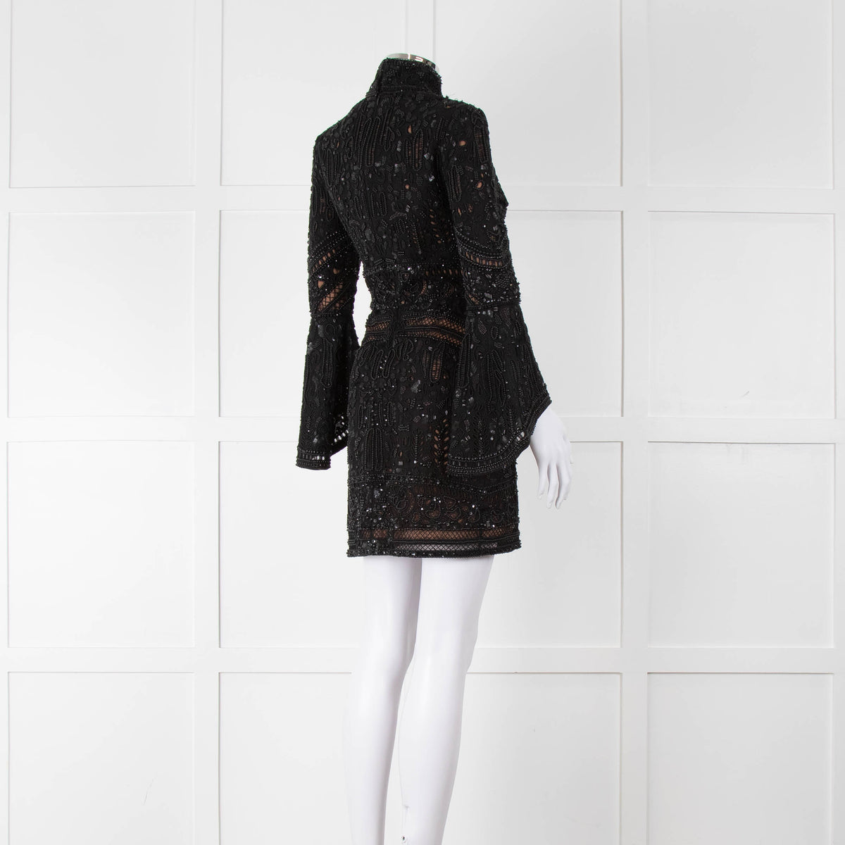 Elie Saab Black Beaded Mini Dress with Fluted Cuffs