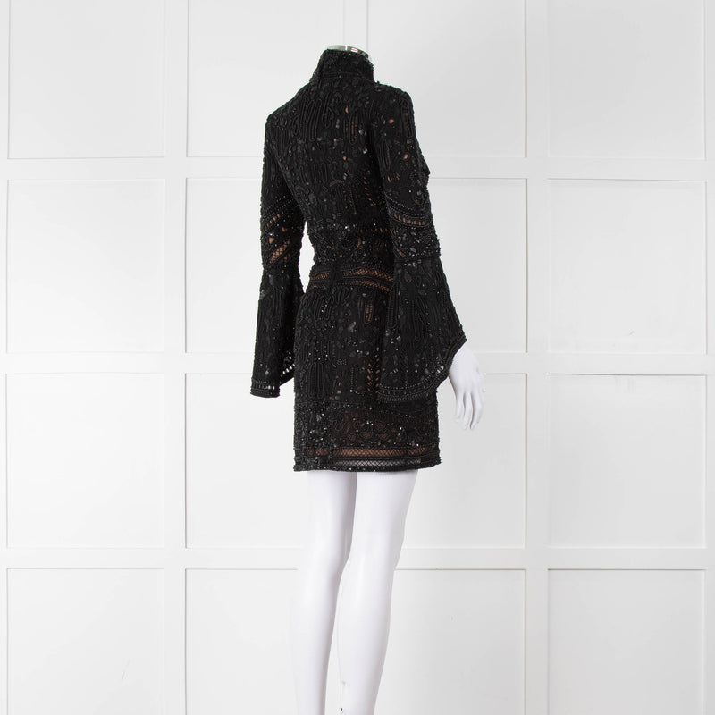 Elie Saab Black Beaded Mini Dress with Fluted Cuffs