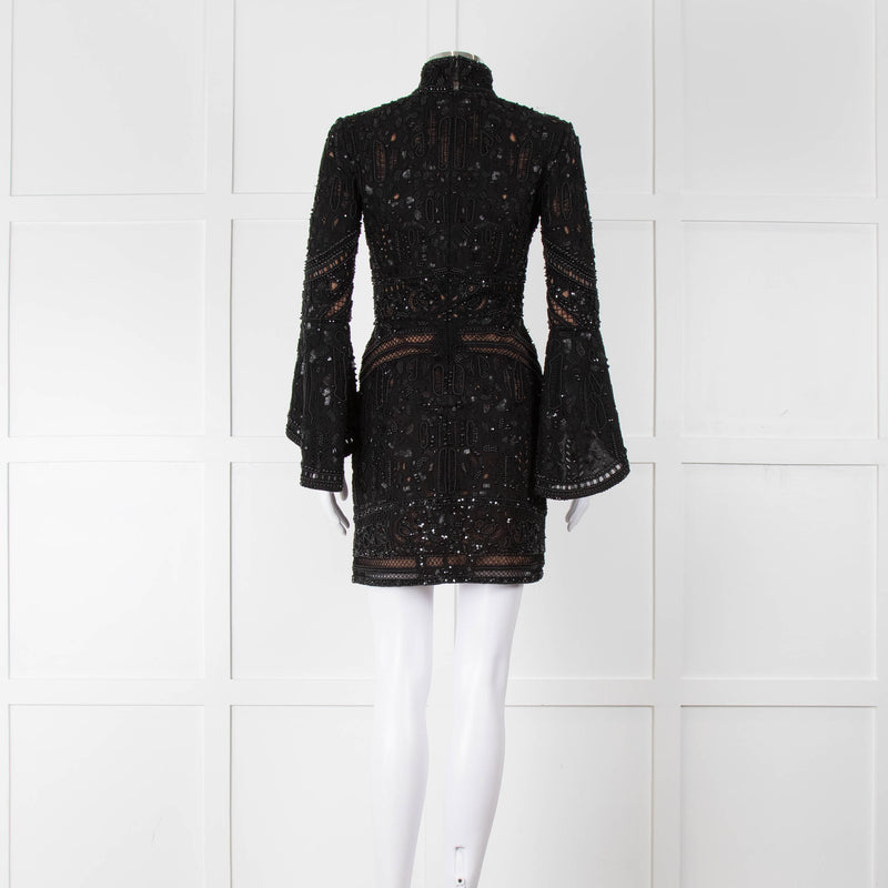 Elie Saab Black Beaded Mini Dress with Fluted Cuffs