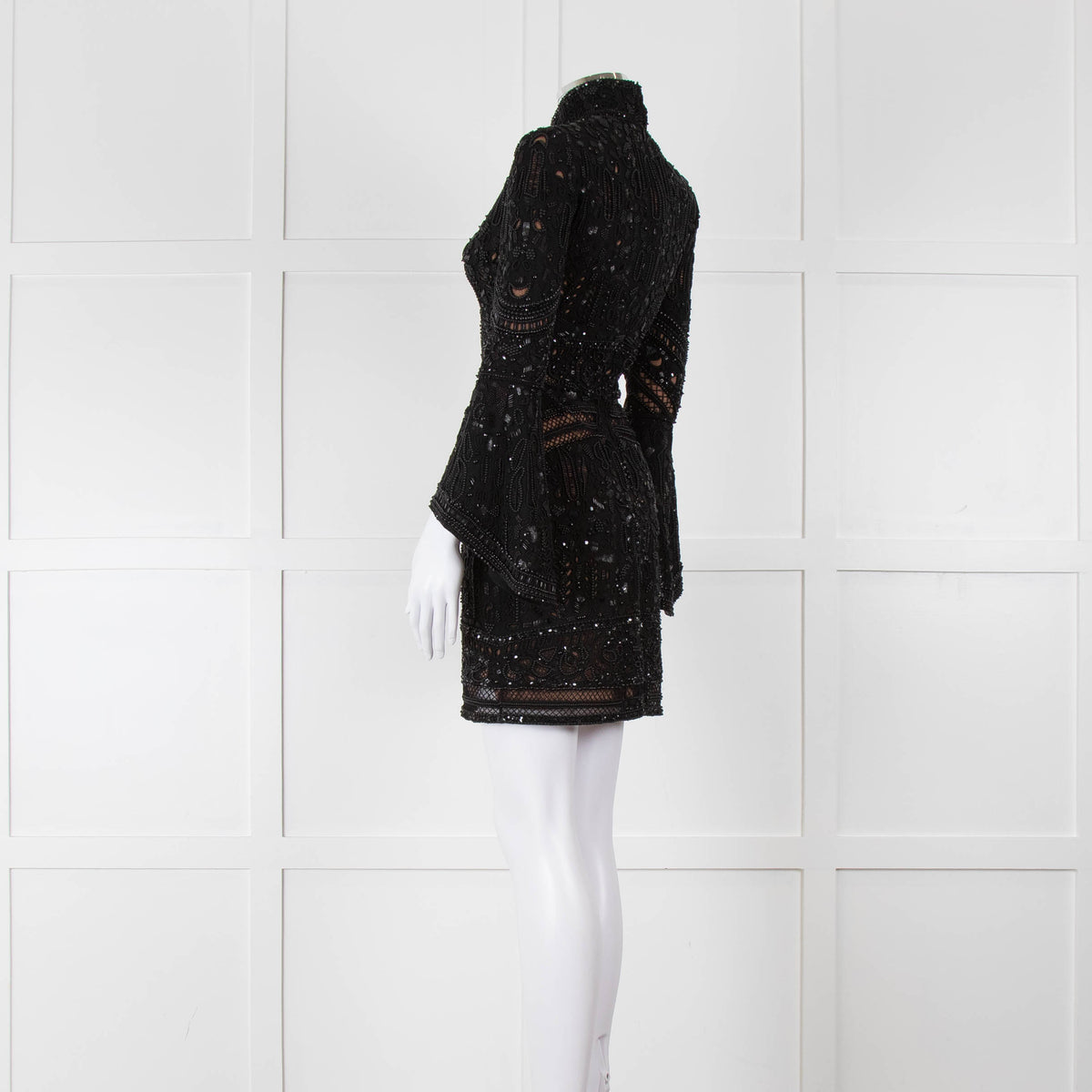 Elie Saab Black Beaded Mini Dress with Fluted Cuffs