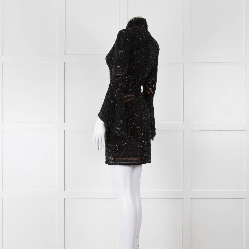 Elie Saab Black Beaded Mini Dress with Fluted Cuffs