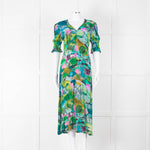 Pazuki Green Purple Floral Puff Sleeve Midi Dress