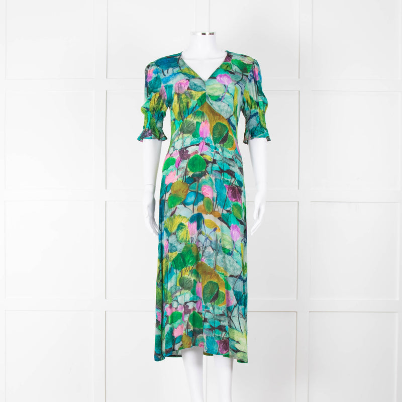Pazuki Green Purple Floral Puff Sleeve Midi Dress