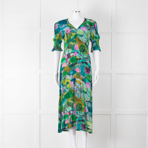 Pazuki Green Purple Floral Puff Sleeve Midi Dress
