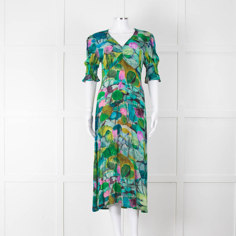 Pazuki Green Purple Floral Puff Sleeve Midi Dress