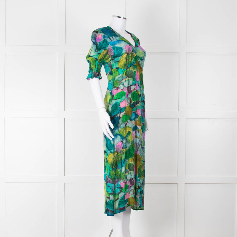 Pazuki Green Purple Floral Puff Sleeve Midi Dress