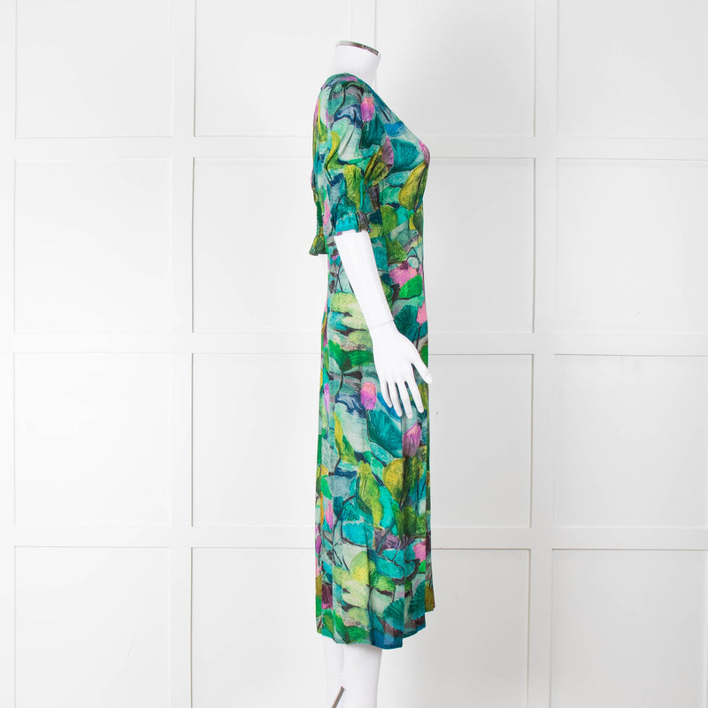 Pazuki Green Purple Floral Puff Sleeve Midi Dress