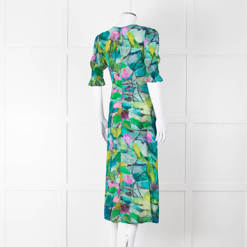Pazuki Green Purple Floral Puff Sleeve Midi Dress