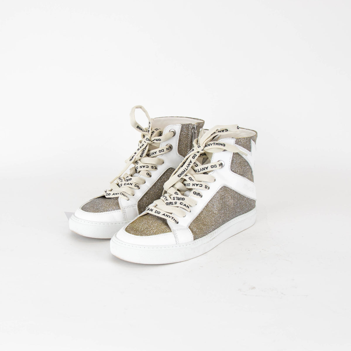 Zadig & Voltaire White Glitter Leather Mesh High Top Trainers