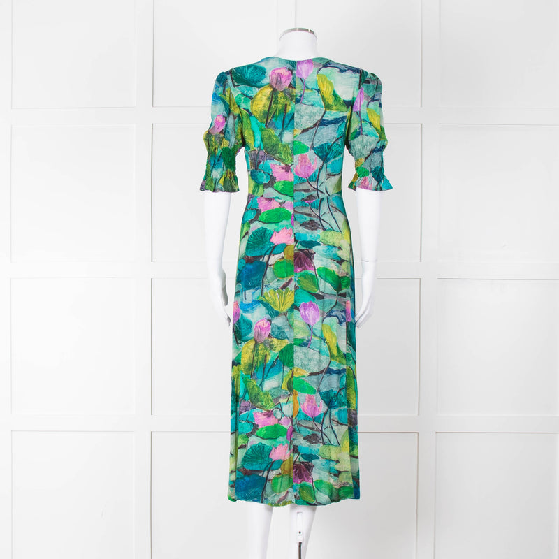 Pazuki Green Purple Floral Puff Sleeve Midi Dress