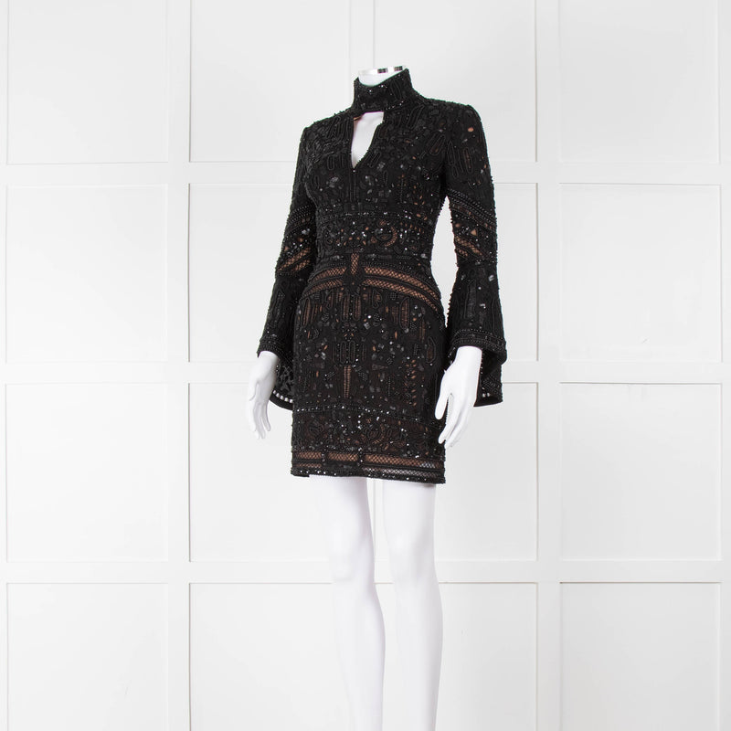 Elie Saab Black Beaded Mini Dress with Fluted Cuffs