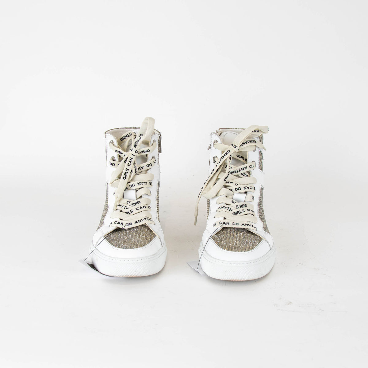 Zadig & Voltaire White Glitter Leather Mesh High Top Trainers