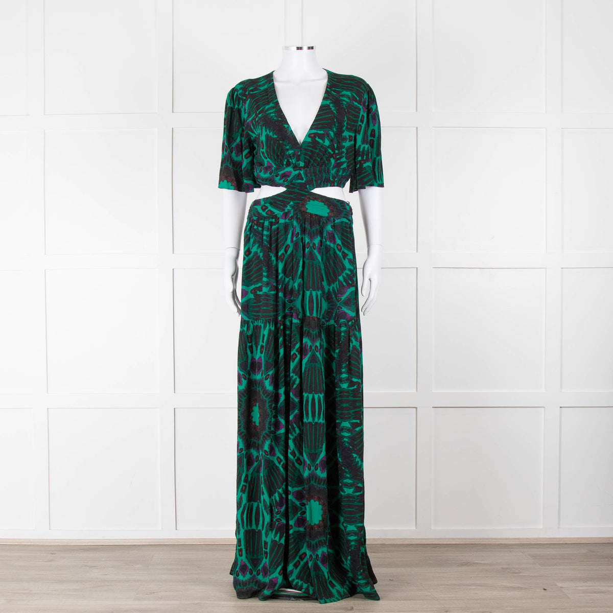 Ba&sh Green Black Cut Out Tiered Short Sleeve Maxi Dress