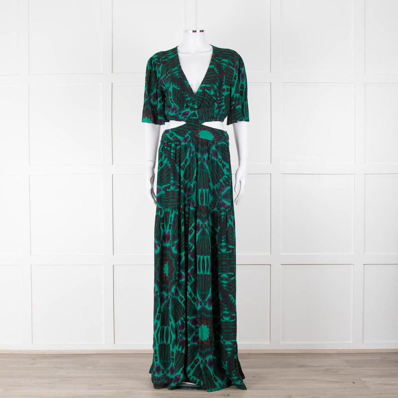Ba&sh Green Black Cut Out Tiered Short Sleeve Maxi Dress