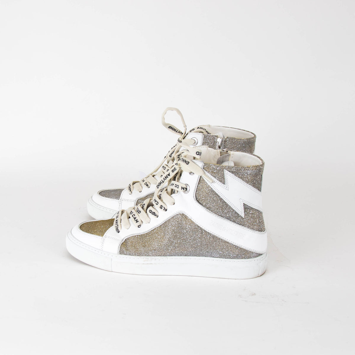 Zadig & Voltaire White Glitter Leather Mesh High Top Trainers