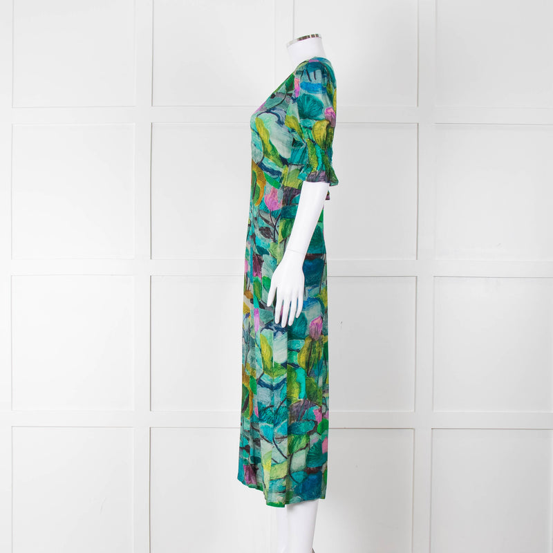 Pazuki Green Purple Floral Puff Sleeve Midi Dress