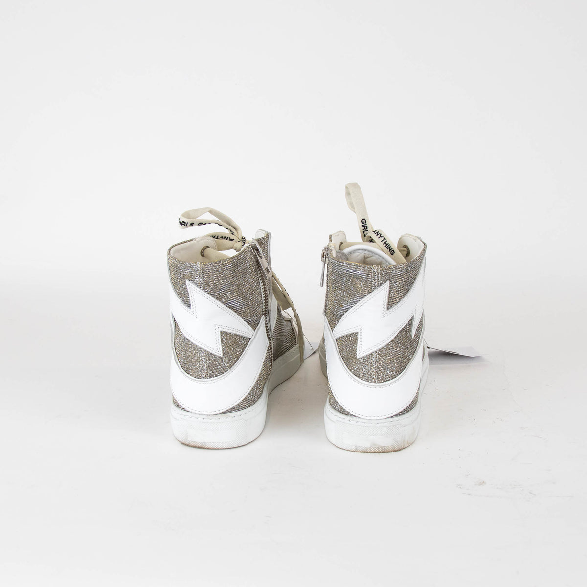 Zadig & Voltaire White Glitter Leather Mesh High Top Trainers