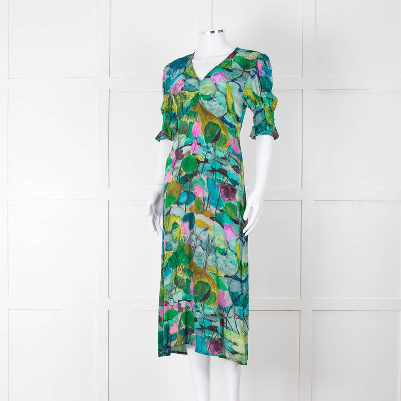 Pazuki Green Purple Floral Puff Sleeve Midi Dress