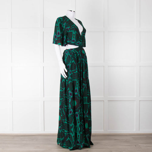 Ba&sh Green Black Cut Out Tiered Short Sleeve Maxi Dress