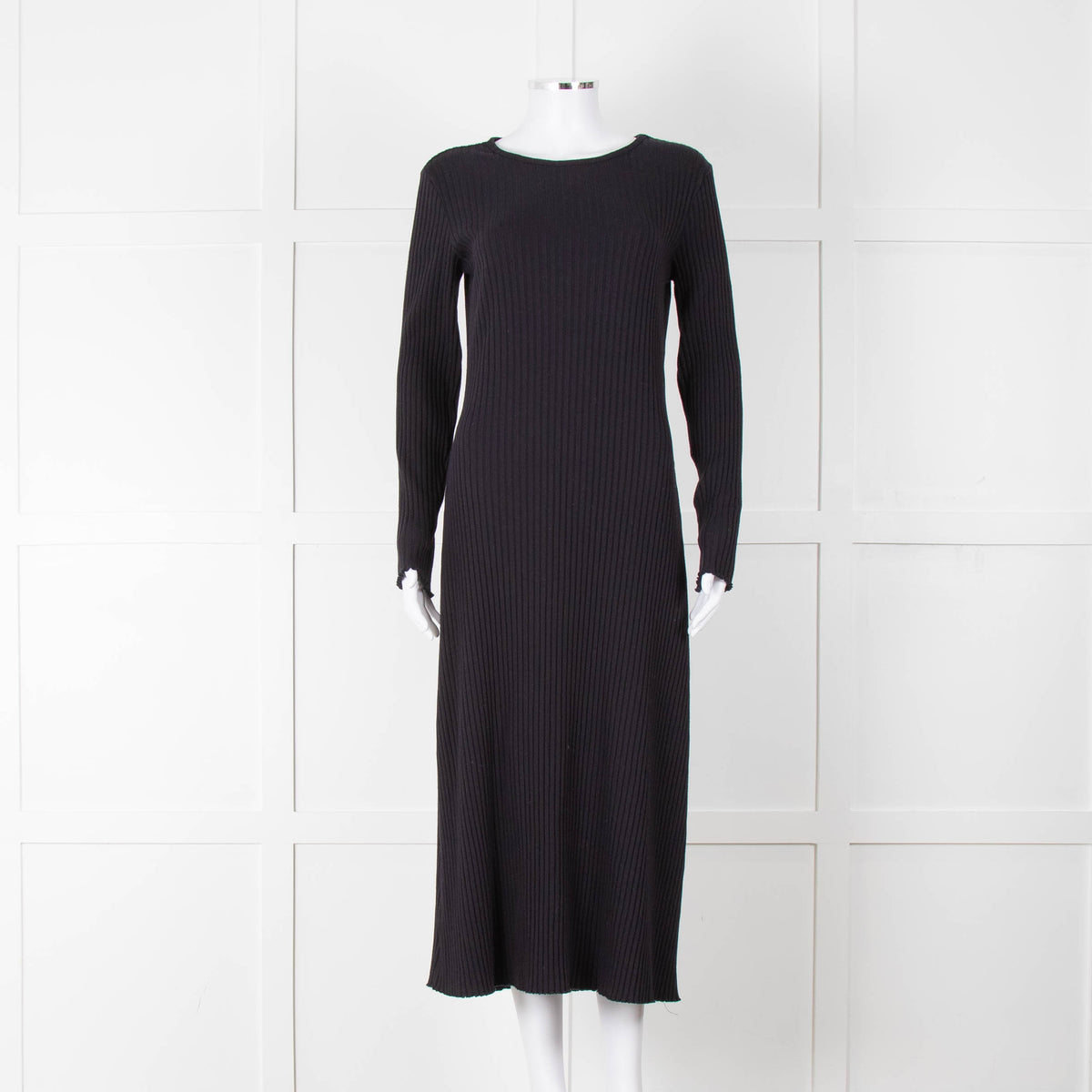 Vince Navy Blue Ribbed Cotton Long Sleeve Midi Dress