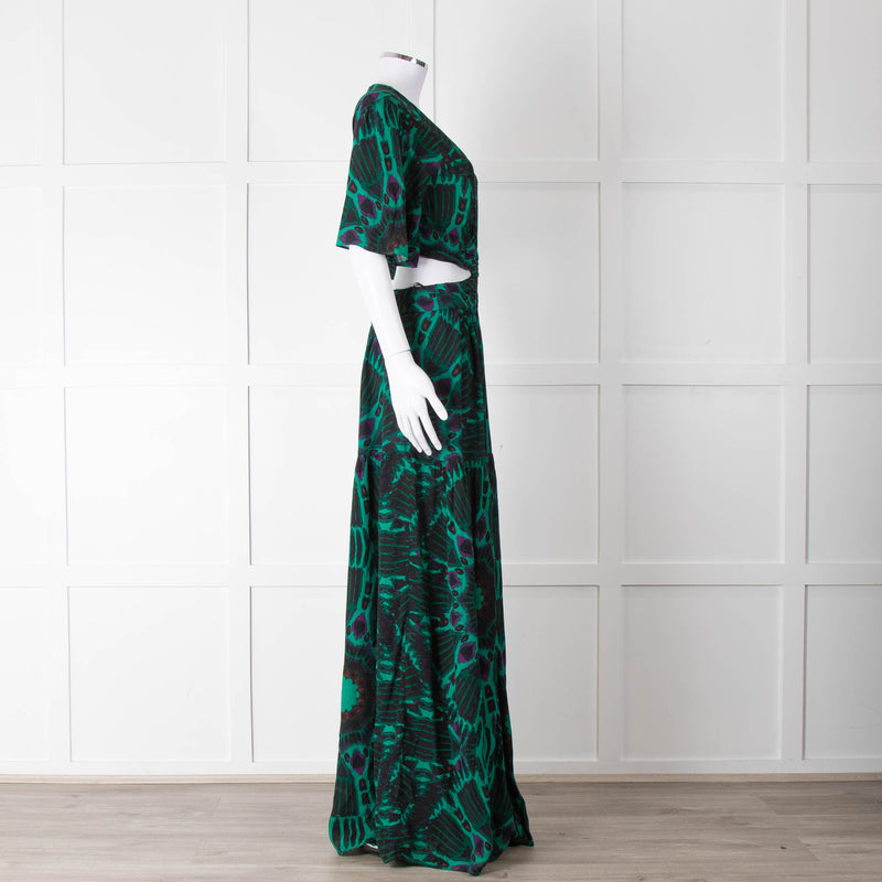 Ba&sh Green Black Cut Out Tiered Short Sleeve Maxi Dress