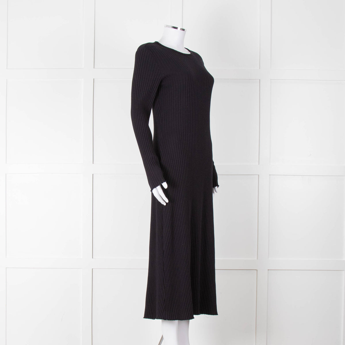Vince Navy Blue Ribbed Cotton Long Sleeve Midi Dress