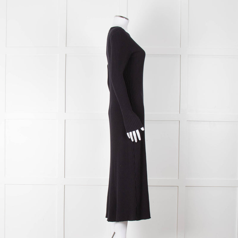 Vince Navy Blue Ribbed Cotton Long Sleeve Midi Dress