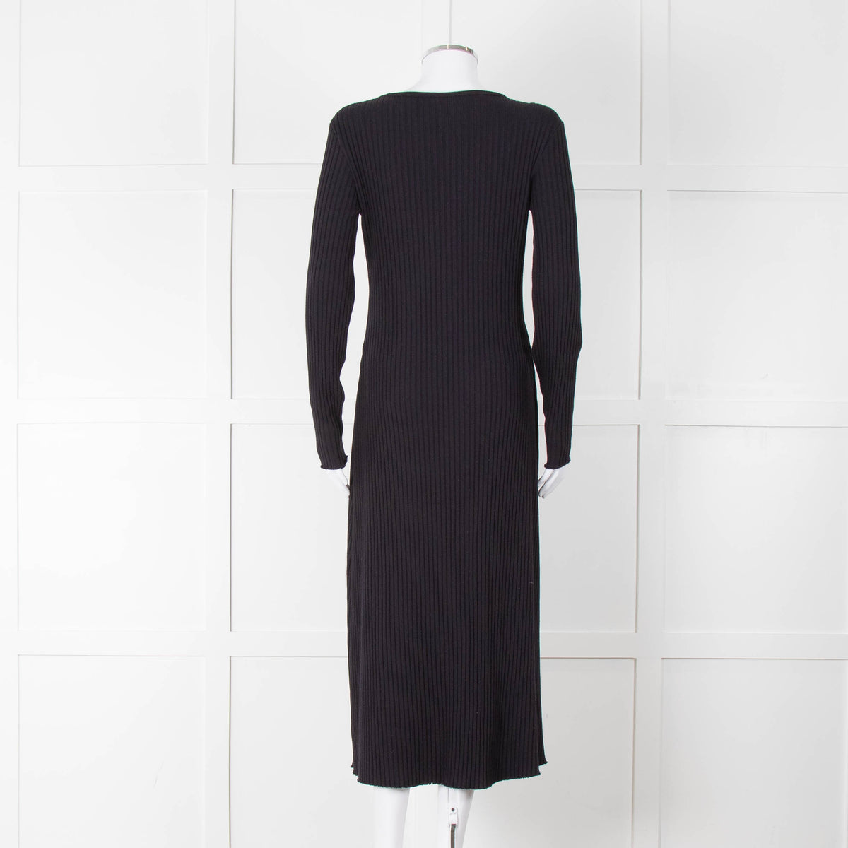Vince Navy Blue Ribbed Cotton Long Sleeve Midi Dress
