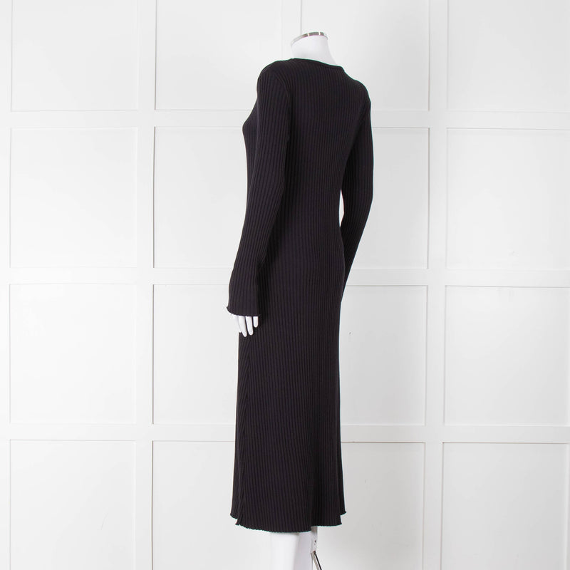 Vince Navy Blue Ribbed Cotton Long Sleeve Midi Dress